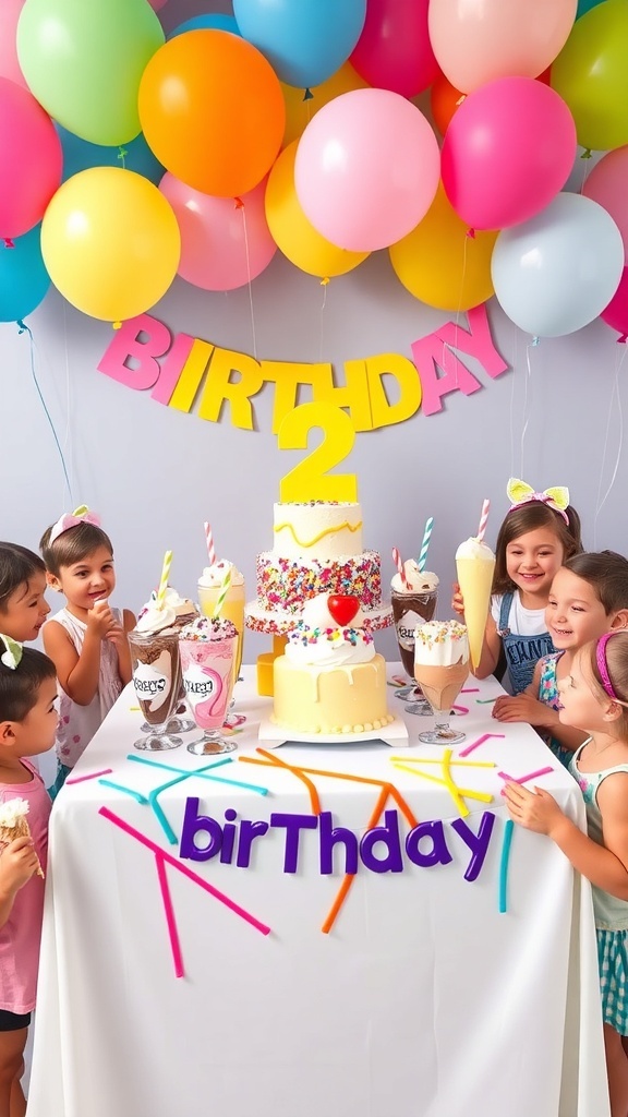 A joyful ice cream birthday party setup with a sundae bar, colorful decorations, and children enjoying ice cream.